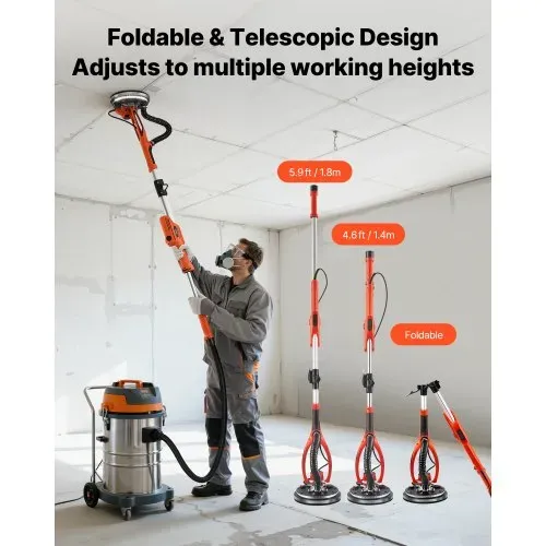 VEVOR Trockenbauschleifer 950 W, Deckenschleifer mit 255 mm Schleifteller, Langhalsschleifer mit 1000–2300 U/min Drehzahl, Doppelwandiger LED, Ausziehbarem Griff, 15 Schleifscheiben, Staubschlauch – Bild 5