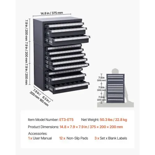 VEVOR Bohrer-Spenderschrank, 3-teilig, drei Schubladen für 1,6 mm bis 12,7 mm und Buchstabengrößen A bis Z, Bohrer-Organizer mit fünf Schubladen für Drahtstärken Nr. 1 bis Nr. 60, Stapelbarer Schrank – Bild 6