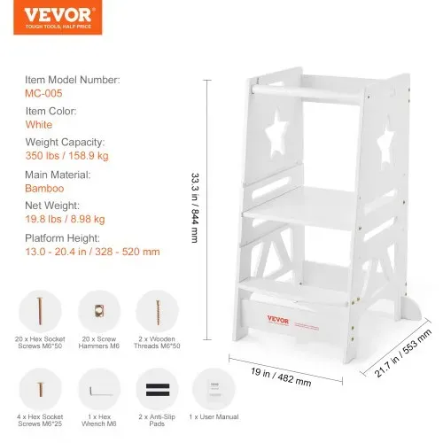 VEVOR Tritthocker Kinder 158,9 kg Gewichtskapazität Trittschemel 844 x 553 x 482 mm Hocker Kiefernholz Bambus höhenverstellbar von 328 bis 520 mm Lernturm Kinderschemel Trittschemel Kinderhocker Weiß – Bild 6