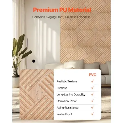 VEVOR 3D-Wandpaneele, 12er-Set, 150x50cm PVC-Wandverkleidung im modernen minimalistischen Stil, 2,97m² Deckkraft, Inneneinrichtung für Schlafzimmer, Wohn- & Spielzimmer, helle Holzfarbe – Bild 3