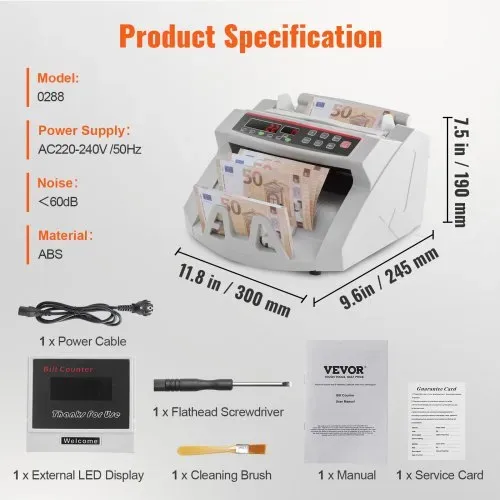 VEVOR FJ0288 Geldzählmaschine Weiß mit Echtheitprüfung, Banknotenzähler 1000 Stück/min mit UV- und MG-Systemen, 7 kg mit LED-Bildschirm für Euro, Dollar, Pfund (26 x 23,5 x 17 cm) – Bild 6