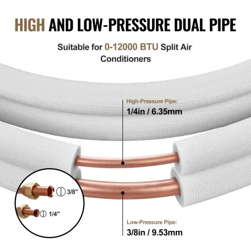 VEVOR 4876,8 mm Mini-Split-Leitungssatz, 6,4 und 9,5 mm Außendurchmesser, Kupferrohre und dreischichtige Isolierung, für Klimaanlagen oder Heizungspumpengeräte und HVAC mit umfangreichem Zubehör – Bild 2