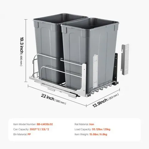 VEVOR ausziehbarer Abfallbehälter (35 Qt x2), doppelter Unterbau-Küchenabfallbehälter, Mülleimer mit Türsatz & Soft-Close-Schieberegler, für Küchenschrank Spüle unter der Theke (grau) – Bild 6