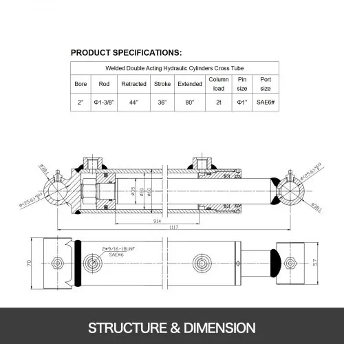VEVOR Hydraulikzylinder, 5,08cm Bohrung, 91,44cm Hub, hydraulischer Ram-Zylinder, 207 bar, hydraulische Zylinder, geschweißt, doppelt wirkendes Querrohr, SAE6-Anschluss, hydraulischer Hubzylinder (2 – Bild 4