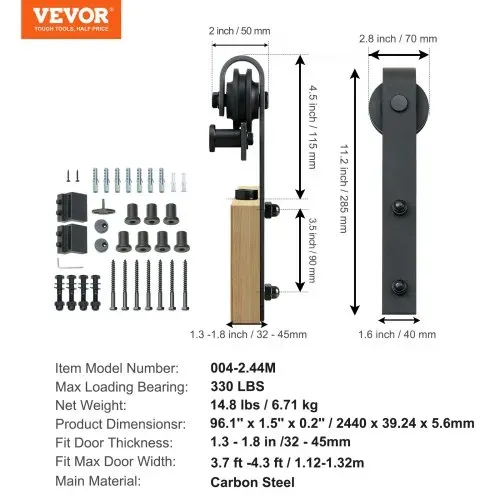 VEVOR 244cm Schiebetürbeschlag J-förmig Schiebetürsystem mit 2-teiligen Schienen 150kg Tragfähigkeit Laufschiene Ideal für Schiebetüren mit Türstärke von 32-45mm, Türbreite von 1,12–1,32m – Bild 6