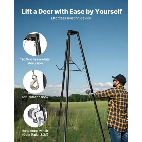 VEVOR Game Hoist, 227 kg Tragkraft, Jagd-Wildhebezeug mit Seilwinde und Gambrel, Wildaufhänger, Jagdspiel Zubehör zur Enthäutung und Reinigung von Jagdwild, 1300 x 1100 x 2750 mm, Schwarz – Bild 2