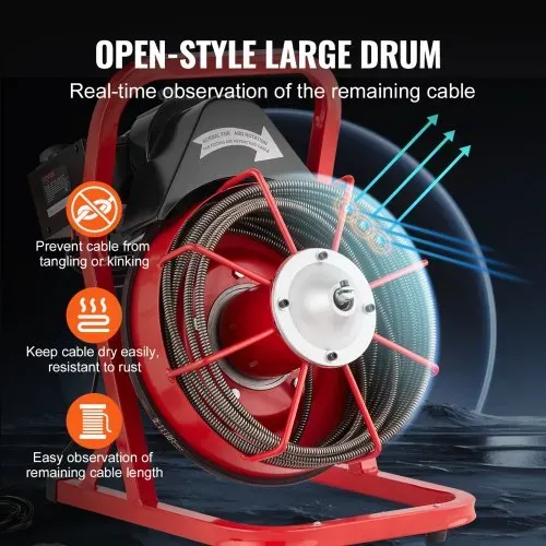 VEVOR Rohrreinigungsmaschine 50 FT x 3/8 Zoll, Kanalisationsspirale mit manueller Zuführung, 250 W elektrische Rohrreinigungsmaschine mit 4 Schneidern und luftaktiviertem Fußschalter für 2" bis 4" Rohre – Bild 3