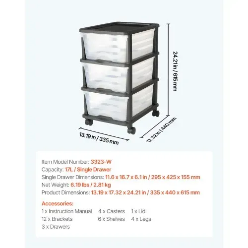 VEVOR Schubladenwagen Schubladenschrank mit 3 Schubladen (17 L / per), rollbarer Schubladen-Container Schubladenbox mit durchsichtigen Behältern für Bürobedarf Bastelräume Klassenzimmer – Bild 6