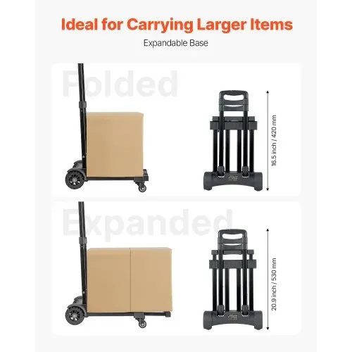 VEVOR Sackkarre klappbar, 131,5kg Tragkraft, Transportkarre mit 4 Rädern, 2 elastischen Seilen & erweiterbarer Basis, Transportwagen für Flughafen, Reisegepäck, Büroumzüge, Schwarz, 530x320x970mm – Bild 3