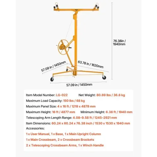 VEVOR Plattenheber bis max. 68 kg, 4877 mm Höhe, Gipskartonheber mit verstellbarem Teleskoparm, Rigipsplatten, Trockenbau-Heber, Panelheber, Hebezeug, Werkzeuge, für Decken- & Wandmontage (Gelb) – Bild 6
