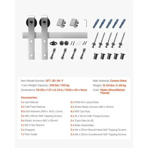 VEVOR Schiebetürsystem 1,5m Laufschiene, Tragkraft 150 kg, Kompatibel mit 762mm max. Breite & 34,92-44,45 mm Dicke, einzelne Schiebetür für Scheunentore, Schiene & J-förmige Rolle, Silber – Bild 6