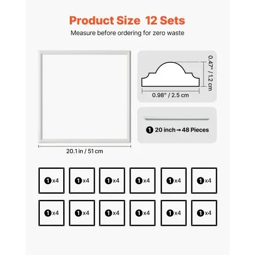 VEVOR Wandform-Set, 12er-Pack, 51×51 cm Stuckleisten aus Lackierbarem Polystyrol, Wasserfeste Wandleiste, Zierleiste für Wände, Friesleisten für Wohnzimmer, Schlafzimmer, Zuhause, Weiß VEVOR Wandform-Set, 12er-Pack, 51×51 cm Stuckleisten aus Lackierbarem Polystyrol, Wasserfeste Wandleiste, Zierleiste für Wände, Friesleisten für Wohnzimmer, Schlafzimmer, Zuhause, Weiß