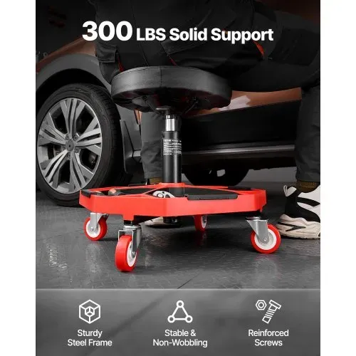 VEVOR Rollbarer Werkstatthocker Werkstattsitz (136 kg Tragkraft) Garagensitz Arbeitshocker, höhenverstellbar (420–550 mm), Rollsitz mit Werkzeugablage für Garage Werkstatt Autoreparatur, Schwarz+Rot – Bild 5