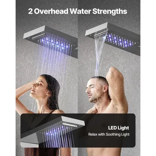 VEVOR Duschpaneel-Turmsystem (5 Modi) mit Regenwasserfall-Duschkopf & LED, (1345 mm) Duschsäule aus gebürstetem Edelstahl, Regenmassagesystem zur Wandmontage, mit Handbrause & Wannenauslauf – Bild 3