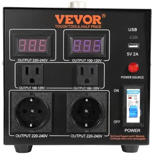 VEVOR 2000W Spannungswandler Transformator AC 110V⇋220V Transformer Wandler 2x US NEMA 5-15R 3-polige/2x standardmäßige europäische Shucko-Ausgangssteckdosen, 1x 5V-USB-Anschluss, 1x Typ-C-Buchse – Bild 8