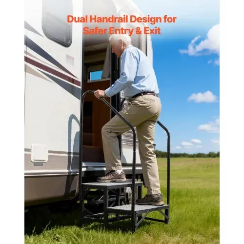 VEVOR Wohnmobiltreppe mit 2 Handläufen (2 Stufen), Standtreppe mit 300 kg Tragkraft, Außentreppe mit Rutschfester Matte für Senioren/Haustiere, Trittstufe für Camper, Mobilheim, Veranda, Pool und Spa – Bild 3
