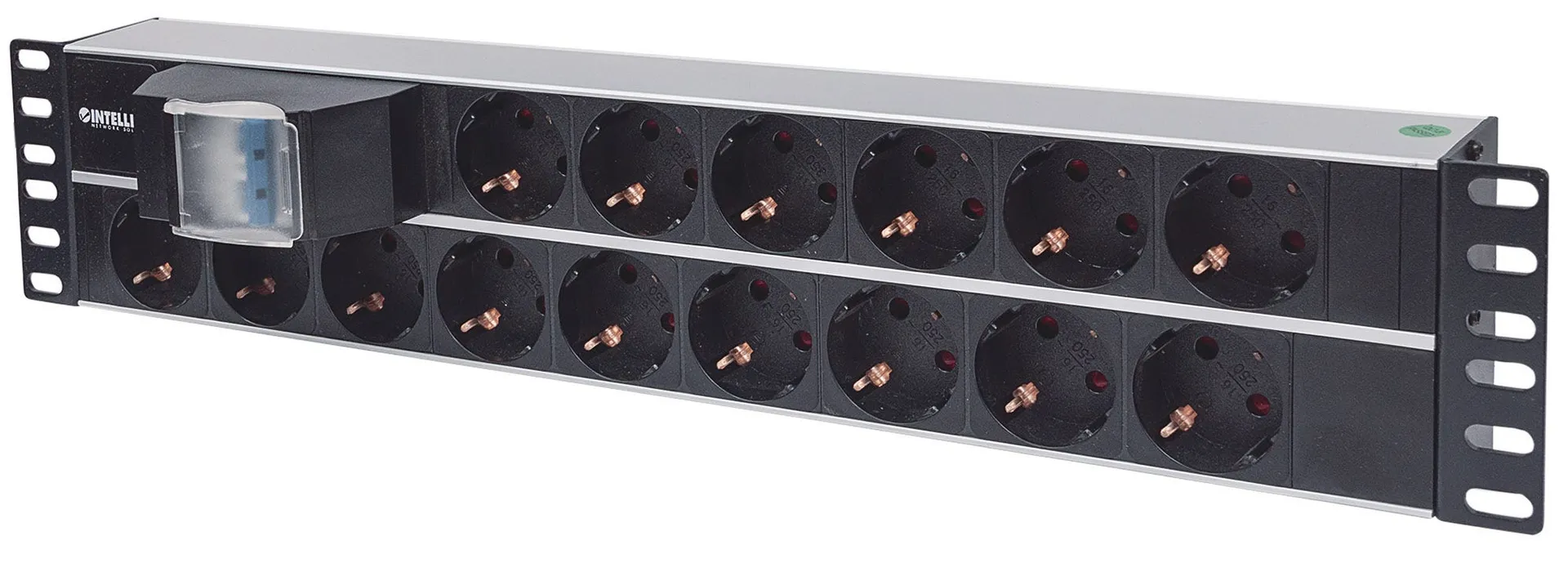 Intellinet 19″ 15-fach Steckdosenleiste, Schutzkontakt, Doppelter Leitungsschutzschalter, 3 m Stromkabel, 2 HE Intellinet 19″ 15-fach Steckdosenleiste, Schutzkontakt, Doppelter Leitungsschutzschalter, 3 m Stromkabel, 2 HE