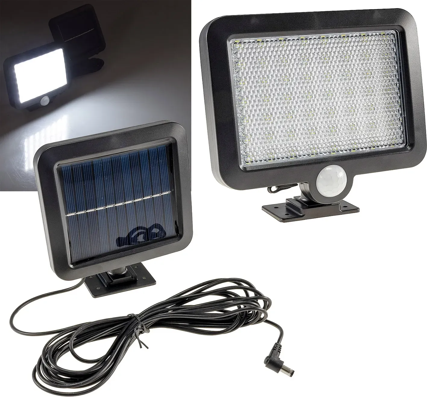 LED Solar Wandleuchte m. Bewegungsmelder 300lm, 6000K, Akku, externe Solarzelle LED Solar Wandleuchte m. Bewegungsmelder 300lm, 6000K, Akku, externe Solarzelle