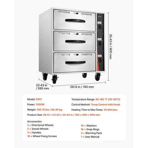 VEVOR kommerzieller elektrischer Schubladenwärmer, Speisenwärmer aus Edelstahl mit 3 Schubladen, großer Temperaturbereich von 30–85 °C, für Restaurants, Hotelbuffets und Bäckereien – Bild 6