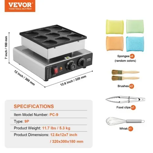 VEVOR Mini-Pfannkuchenmaker kommerzielle Dutch mini Pfannkuchen Maschine, 9 Stk., 76 mm Durchmesser, Dorayaki-Backmaschine, 850 W, Temperatur- und Zeitregelung, in Küchen, Cafés und Restaurants – Bild 6