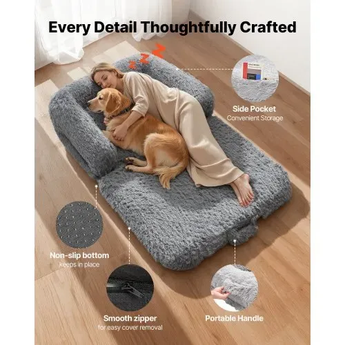 VEVOR Hundebett für Menschen & Hunde, 181x111x24cm, Memory-Schaum-Hundebett in Menschengröße, mit Seitentasche, Griff & Reißverschluss, abnehmbarer, maschinenwaschbarer Bezug, Hochflor, Dunkelgrau – Bild 3
