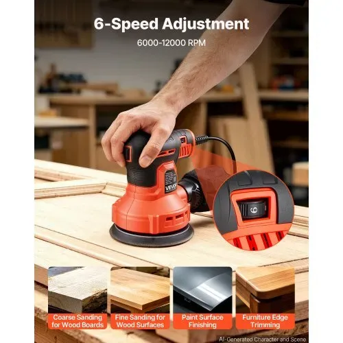 VEVOR 250W Exzenterschleifer 127mm Elektrisches Schleifgerät Holzschleifer, 6000-12000U/min, 6 Stufige Drehzahlregelung, 16 Schleifpapiere, Staubbeutel, 3m Netzkabel, Handschleifer für Holzbearbeitung – Bild 2