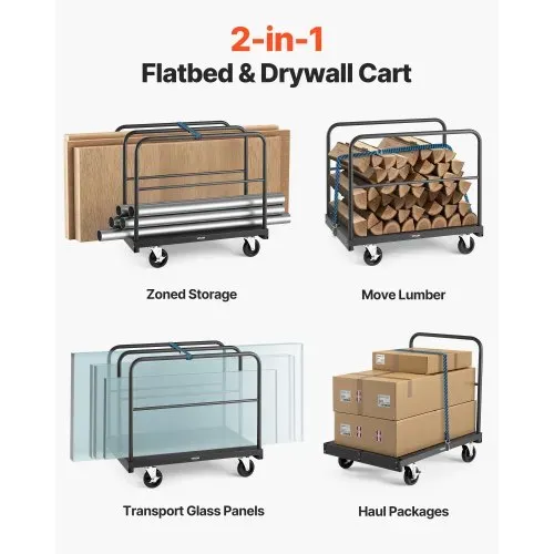 VEVOR Plattenwagen, 816 kg, 2-in-1 Transportwagen mit 360° Lenkrollen, Plattenroller, Plattenkarre mit 4 seitlichen Handläufen, Transporthilfe für Fabrik, Lager, Garage, Schwarz 914x610x858 mm – Bild 2
