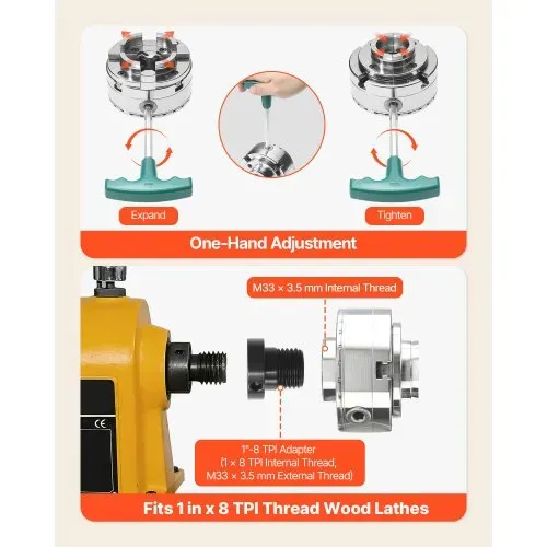 VEVOR 4-Zoll-Drechselfutter, Selbstzentrierendes 4-Backen-Futter-Set mit Kegelradgetriebe, 1 Zoll x 8 TPI-Gewinde, Adapter, 5 Backensätze, Transportkoffer, Vernickelt, für Drechselbänke – Bild 5
