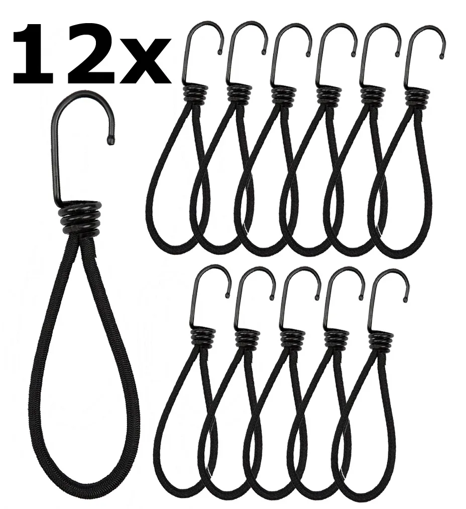 Spanngummi mit Haken, 12er Pack Extra stark, Länge 12cm, schwarz Spanngummi mit Haken, 12er Pack Extra stark, Länge 12cm, schwarz