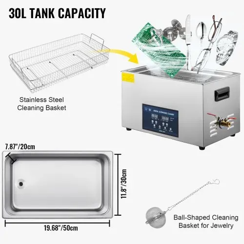 VEVOR Ultraschall Reiniger 30 L, Ultraschallreiniger Brille 230 V, Ultraschall Reiniger aus Edelstahl, Ultraschallgerät mit 2 Einstellbarer Reinigungsleistung 300 W, 600 W, für Zahnheilkunde, Geschirr – Bild 4