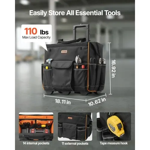 VEVOR Werkzeugtasche mit Rollen, Tragkraft 50 kg, 25 Taschen, Arbeitsrucksack mit verstellbarem Teleskopgriff & stabiler Basis, Werkzeugtaschen-Organizer für Elektriker, Baugewerbe, 460x270x430 mm VEVOR Werkzeugtasche mit Rollen, Tragkraft 50 kg, 25 Taschen, Arbeitsrucksack mit verstellbarem Teleskopgriff & stabiler Basis, Werkzeugtaschen-Organizer für Elektriker, Baugewerbe, 460x270x430 mm