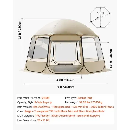 VEVOR Pop-up-Bubble-Zelt, 458 x 432 x 230 cm, transparentes Campingzelt, Garten-Kuppel-Iglu-Zelt mit Fenstern, Sportzelt, 540°-Panoramablick, für 12–15 Personen, Terrasse, Hinterhof – Bild 6