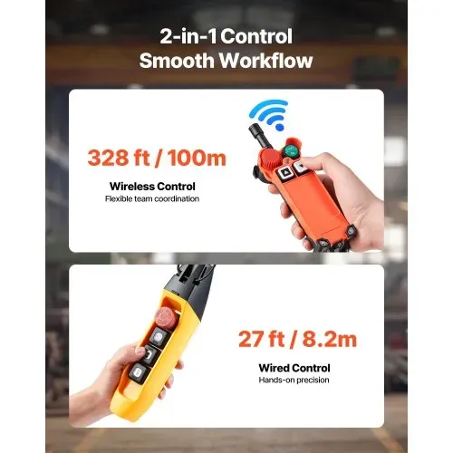 VEVOR Elektrischer Kettenzug 2721 kg, 9,1 m Hubhöhe, Dreiphasig, mit 100 m Funk- & 8,2 m Kabelfernbedienung, G100-Doppelkette, Notstopp, Elektrokettenzug für Fabriken, Lagerhallen, Garagen – Bild 3