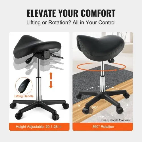 VEVOR Sattelhocker mit Rädern, 181 kg Gewichtskapazität, Ergonomischer Rollsattelhocker, Höhenverstellbar, Verdicktes PU-Leder, Drehsattelhocker, Stuhl für Salon, Spa, Klinik, Schwarz – Bild 4