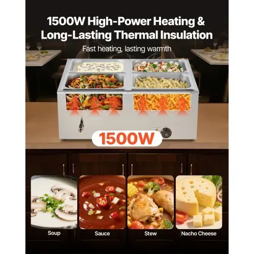 VEVOR kommerzieller Speisenwärmer (4 x 1/2 Größe Behälter), 1,5 kW elektrischer Wärmebehälter aus Edelstahl mit Abdeckung & Suppenkelle, Chafing Dishes für Catering Restaurant Party VEVOR kommerzieller Speisenwärmer (4 x 1/2 Größe Behälter), 1,5 kW elektrischer Wärmebehälter aus Edelstahl mit Abdeckung & Suppenkelle, Chafing Dishes für Catering Restaurant Party