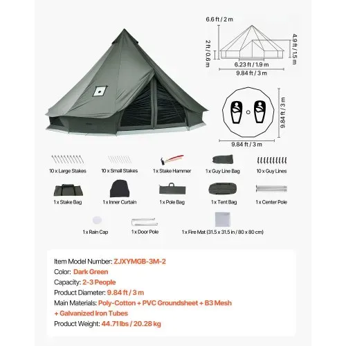 VEVOR Canvas-Glockenzelt, 3 m Jurte, 4 Jahreszeiten, mit Ofenrohrdurchführung, bis zu 3 Personen, mit Abnehmbarem Boden (Reißverschluss), ideal für Familien-Camping & Outdoor-Aktivitäten, Grün – Bild 6