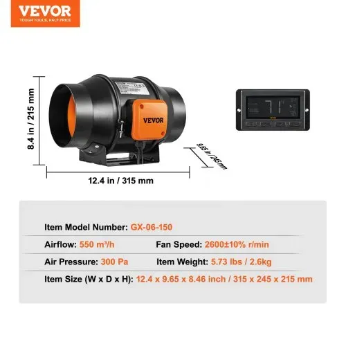 VEVOR Inline Kanalventilator, 6 Zoll 402 CFM mit Temperatur-Feuchtigkeitsregler, leiser EC-Motor Belüftung Abluftventilator für Kühlung Booster, Wachstumszelte, Hydrokultur – Bild 6