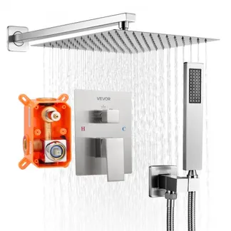 VEVOR Duscharmatur Regenduschsystem fürs Badezimmer Duschsystem mit 254 mm quadratischen Regenduschkopf & Handbrause, wandmontierte Badezimmerarmaturen mit Messingventil & Zierset, gebürstetes Nickel VEVOR Duscharmatur Regenduschsystem fürs Badezimmer Duschsystem mit 254 mm quadratischen Regenduschkopf & Handbrause, wandmontierte Badezimmerarmaturen mit Messingventil & Zierset, gebürstetes Nickel