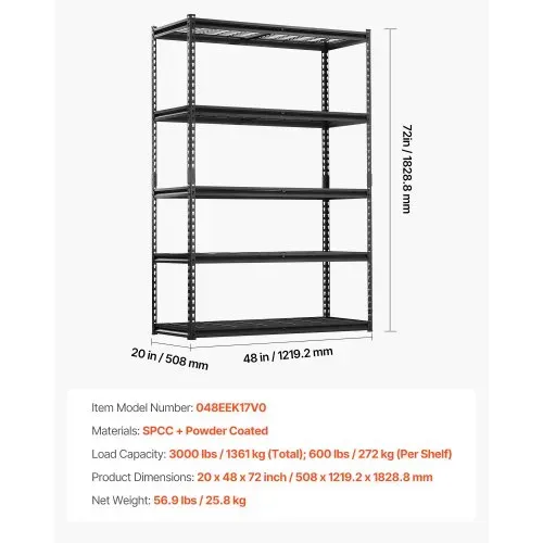 VEVOR Lagerregale, 1361 kg, 5-stufiges Schwerlastregal für die Garage, 508x1219,2x1828,8 mm, verstellbares Steckregal, Kellerregal, Industrieregal, Allzweckregal, für Küche, Lager, Keller, schwarz – Bild 6