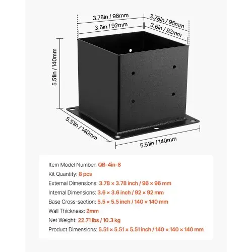 VEVOR Pfostenträger, 8 Stk., Pfostenträger Innenmaß 92x92 mm für 88,9x88,9 mm Pfosten, robuste Bodenhülse aus Karbonstahl, Ideal für Pavillon-Terrassengeländer, Stützdeck-Grundplatte, schwarz – Bild 6
