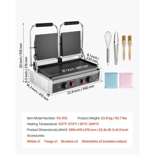 VEVOR kommerzieller Kontaktgrill 3600 W Elektrogrill Sandwichmaker (Doppelbackplatten) Panini Presse aus Edelstahl mit Temperaturregelung, 48 x 23 cm flache Emailleplatte, für Hamburger Steak Speck – Bild 6