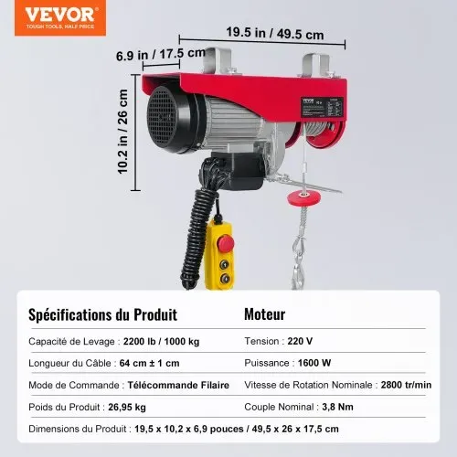 VEVOR 230V Elektrische Seilwinde 500kg bis 1000kg Hubhöhe 12m Seilzug Motorwinde 1600W Motor Flaschenzug 10m/min Hubgeschwindigkeit Hebezug mit kabelgebundener Fernbedienung Seilhebezug Kettenzug – Bild 6