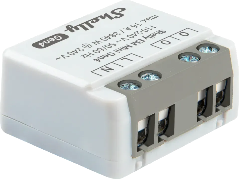 Shelly · Unterputz · „EM Mini Gen4“ · Relais · max 8A · 1 Kanal · WLAN · Matter · Zigbee · Bluetooth Shelly · Unterputz · „EM Mini Gen4“ · Relais · max 8A · 1 Kanal · WLAN · Matter · Zigbee · Bluetooth
