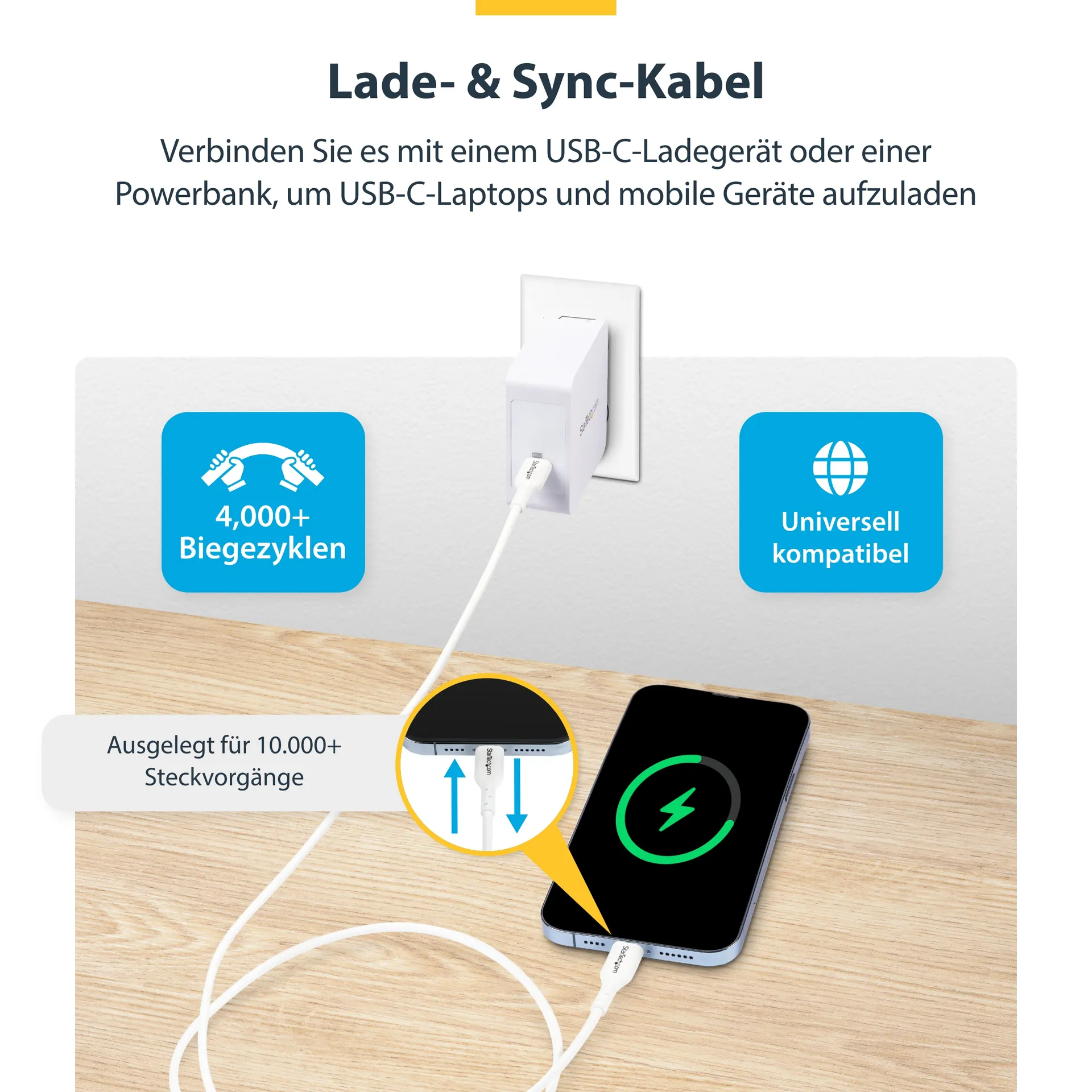 StarTech.com 1m USB-C-Ladekabel, Laden und Synchronisieren, 60W (3A) Power Delivery, USB 2.0 Laptop-Ladekabel, Weiß - USB C Ladekabel – Bild 6