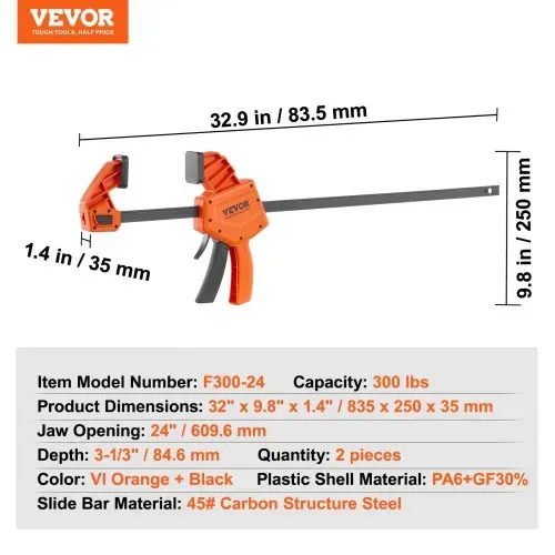 VEVOR 2 x Einhandzwinge 609,6mm Backenöffnung Schnellspannzwinge 136kg Belastbarkeit Klemmzwinge Schraubzwinge Ideal zum Schneiden, Verbinden und Montieren von Holzprodukten oder Stahlmaterialien – Bild 6