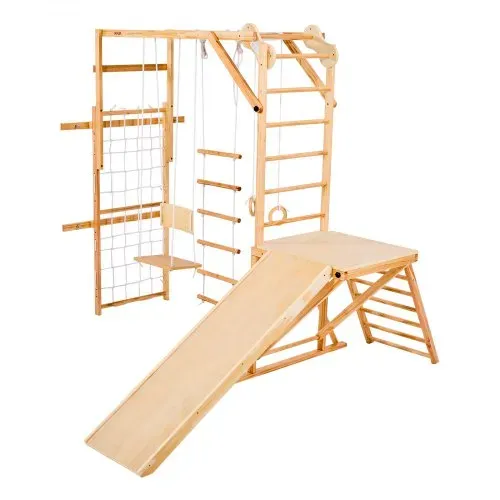 VEVOR Indoor Spielplatz Klettergerüst (8 in 1), 100 kg belastbares Montessori-Kletterspielzeug-Set mit Rutschen/Schaukeln/Klettergerüst/Turnringen/Holz-/Strickleiter/Kletternetz/Stange – Bild 8