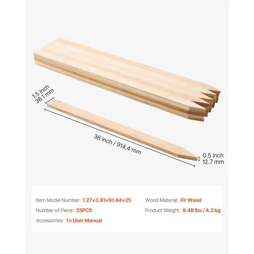 VEVOR Holzpfähle, 25 Stk. 12,7x38,1x914,4 mm Holzpflöcke, Holzpfosten mit scharfer Spitze, Zaunpfähle aus Tannenholz, Wegweiser für Schlammzäune, Hinterhofbegrenzungen, Grundlinien – Bild 6