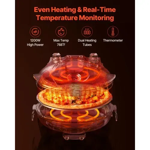 VEVOR Pizzaofen elektrischer Pizzamaker 1200 W Pizzakocher mit Cordieritstein, 5-stufige Temperaturregelung, Sichtfenster für präzises Kochen, erhitzt bis zu 420 °C, Backofen für Zuhause (rot) – Bild 2