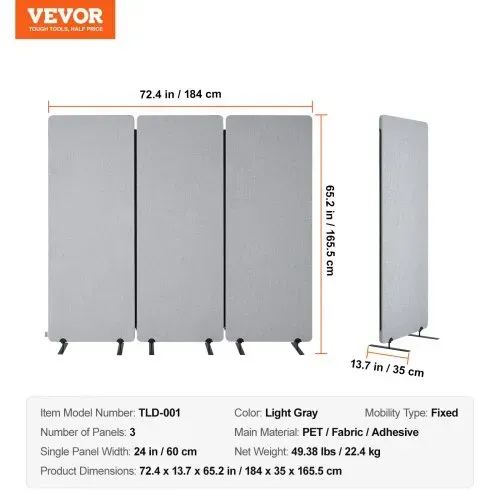 VEVOR Raumteiler 3 Paneele Paravent 1840 x 350 x 1655 mm, faltbarer Sichtschutz & tragbarer Trennwandteiler aus PET-Polyester zur Raumtrennung, für Büro Schlafzimmer Arbeitszimmer, hellgrau – Bild 6