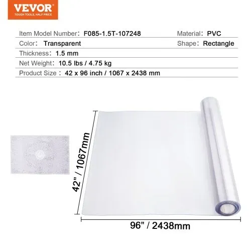 VEVOR Kunststoff-Tischdecke, 107,7 x 243,8 cm, 1,5 mm dick, transparenter Tischschutz, rechteckige PVC-Schreibtischunterlage, wasserdichte und leicht zu reinigende Schreibtischunterlage, Tischdecke, für Büro, Kommode, Esszimmertisch, Nachttisch – Bild 6